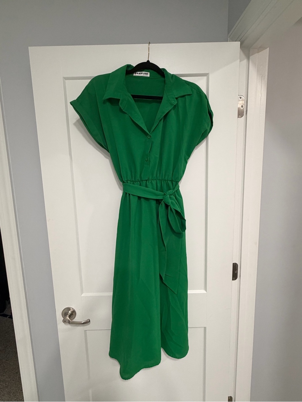 Green Belted Midi Shirt Dress with Collar